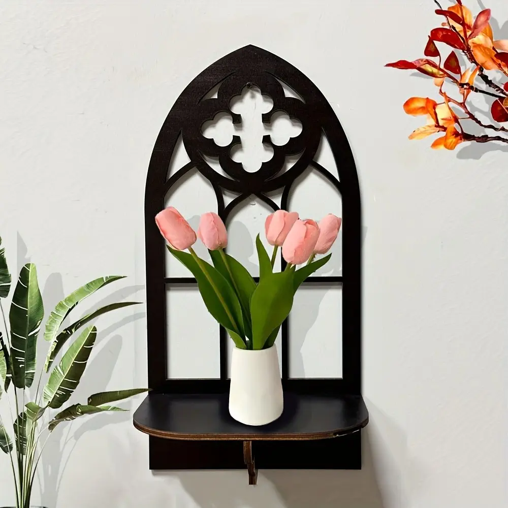 Vintage Wooden Gothic Style Wall-Mounted Shelf, Lattice Window Design, Ideal for Living Room & Café Decor, Unique Home Accessories