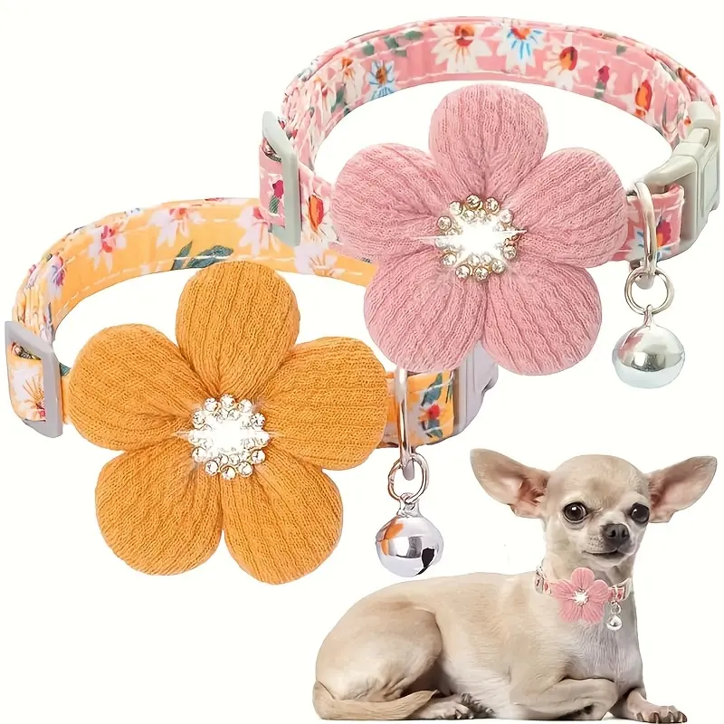 Floral Dog Collar with 3D Flower Charm and Removable Bells - Suitable for Small Dogs and Cats, Soft Adjustable Polyester Pet Collar with Pink White Pattern, Cute Pet Accessories Adjustable Collars