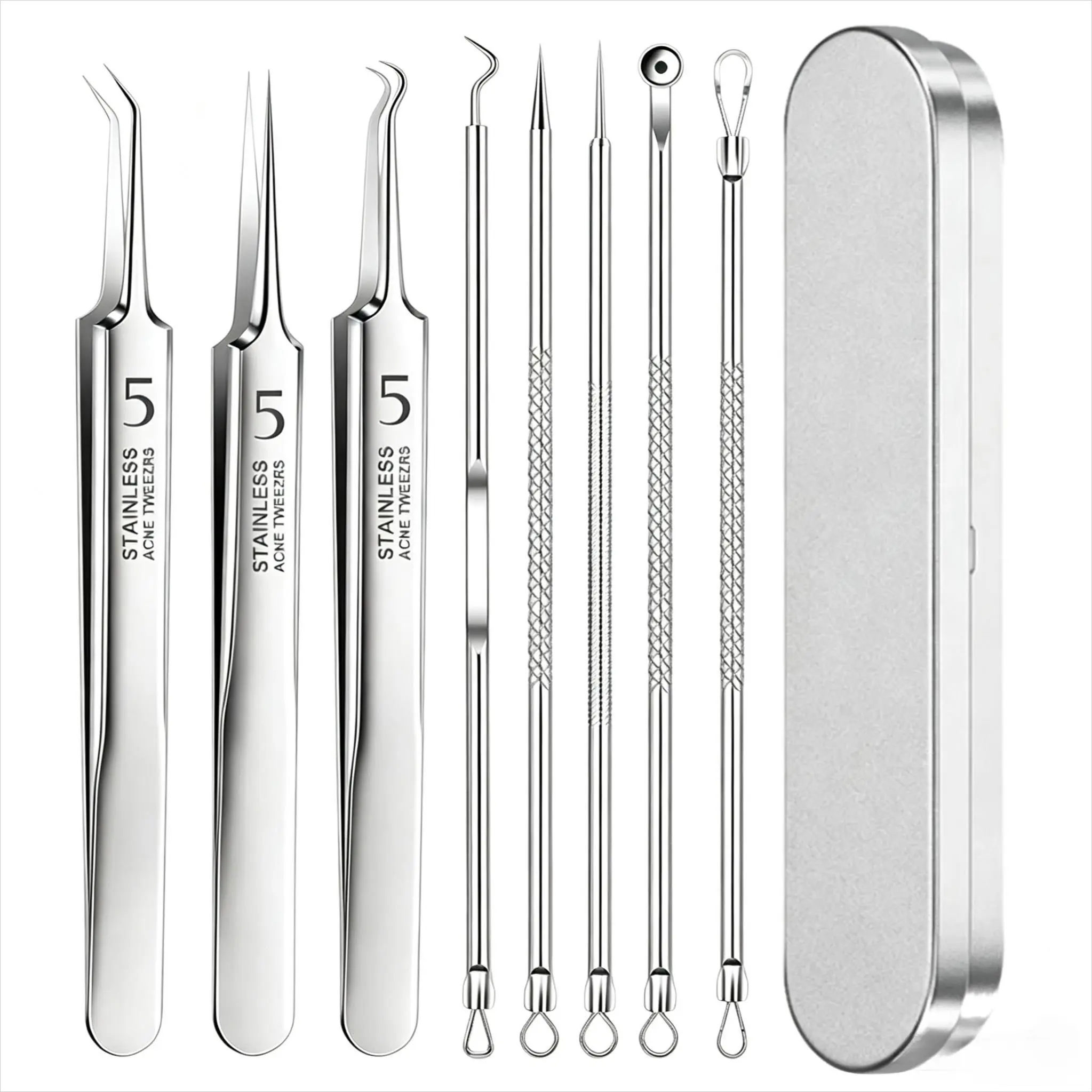 8-Piece Stainless Steel Acne Pliers Set, Blackhead Remover, Cell Extraction Tool, Beauty Salon Acne Needle, Skin Care Tools, Blackhead Removal Tools