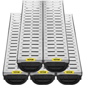 VEVOR Trench Drain System 6 Pack, Channel Drain with Plastic Grate 5.8x 3.1 in HDPE Drainage Trench, Black Plastic Garage Floor Waterway 6x 39 in with 6 End Caps for Garden Driveway