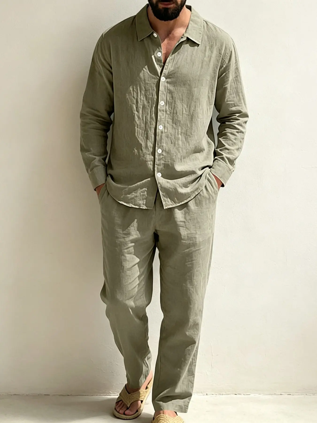 Men's Linen Two-Piece Set, Long Sleeve Button-Up Shirt + Drawstring Pants, Breathable Loose Fit Casual Beach Vacation, Sizes S-3xl