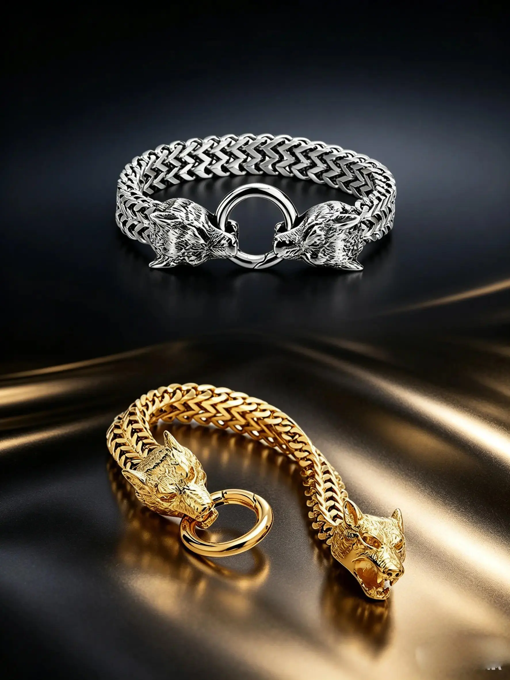 2PCS Viking Wolf Head Franco Chain Bracelet For Men, 3D Embossed Double Wolf Head Curb Link Wrist Bracelet, Gold Tone, Silver Tone & Black Tone Vintage Nordic Hip Hop Biker Jewelry Suitable For Daily, Party, Multiple Colors Available, Gift For Men