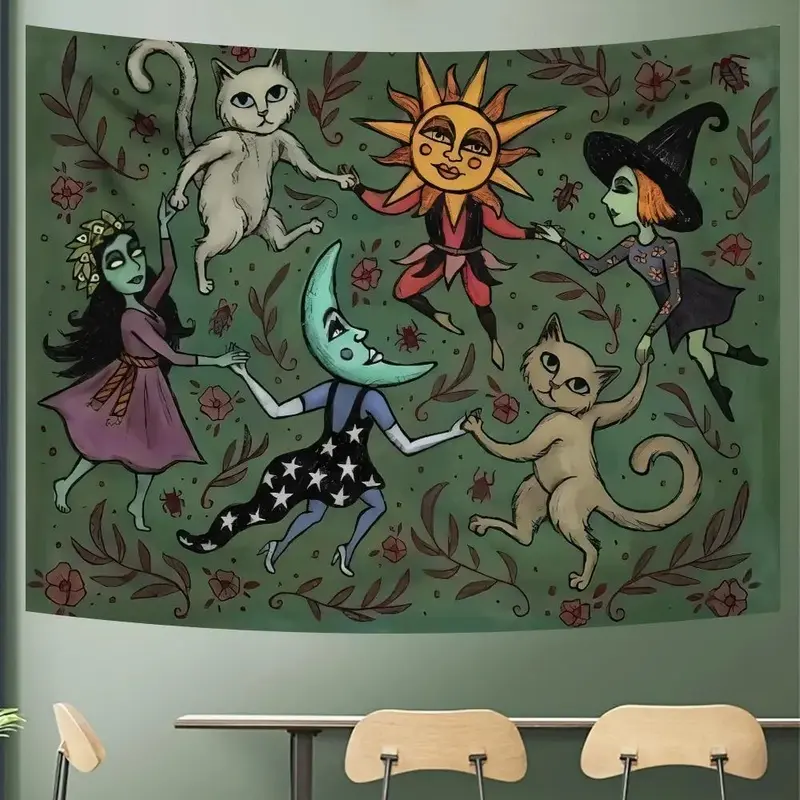 Witch & Cat Pattern Funny Tapestry, Wall Hanging Decor, Wall Art for Home Living Room Bedroom Office, Home Decor Accessories, Gift for Friends