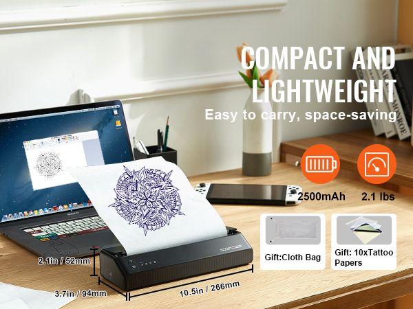 Tattoo Stencil Printer, Wireless Bluetooth Tattoo Printer Transfer Stencil Machine with 10Pcs Transfer Paper, Compatible for iOS&Android Phone, iPad&PC (with Storage Bag)