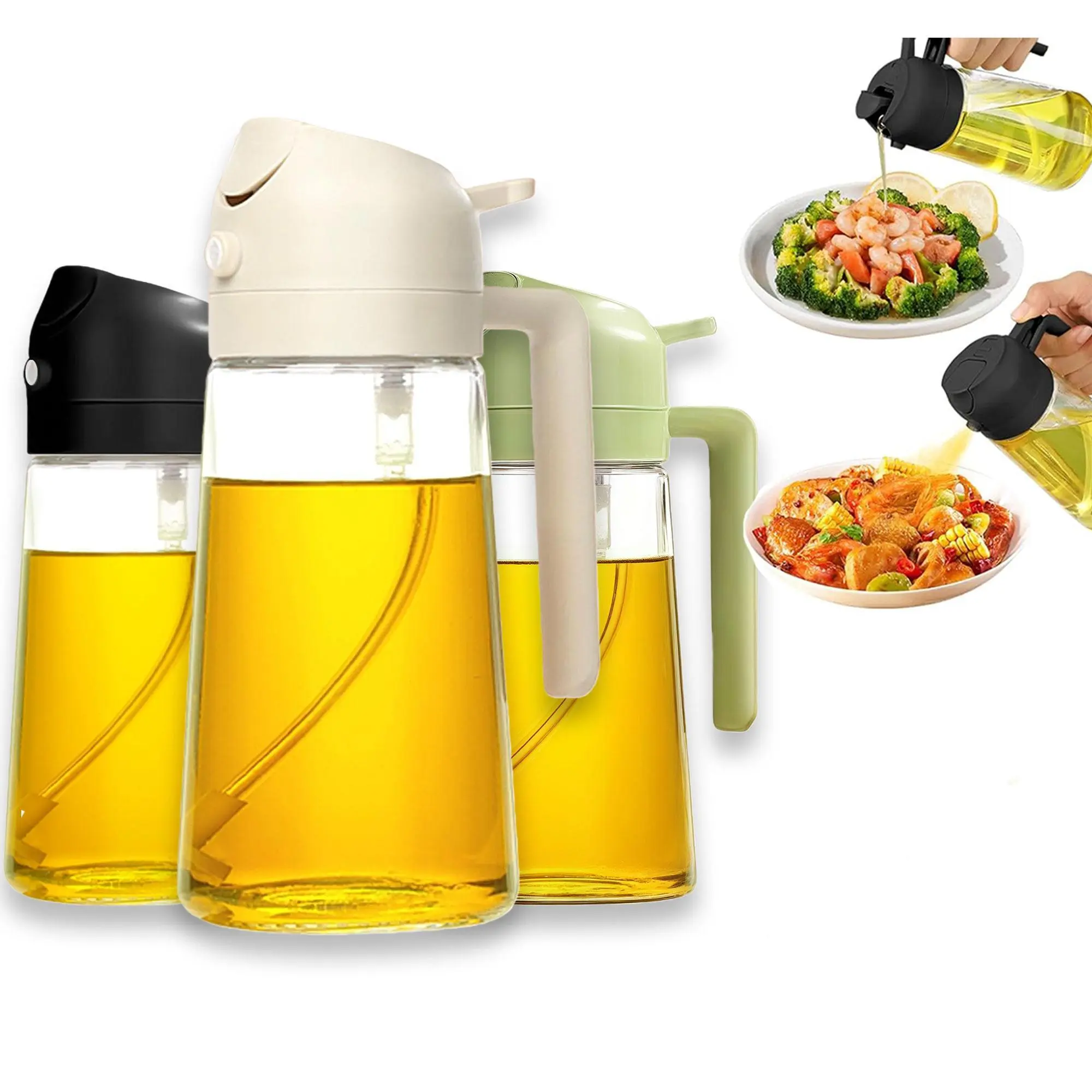 Nifogo 3Pack 16oz/470ml Glass Oil Sprayer 2 in 1 Oil Dispenser Portion Control Kitchen Gadget for Air Fryer Salad BBQ Frying Black Green White