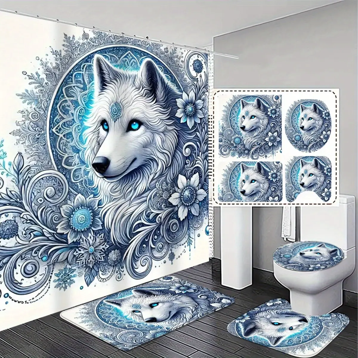 4-Piece bathroom set with wolf pattern shower curtain and matching bath mat set - non-slip bathroom floor mat, blue and white flower picture