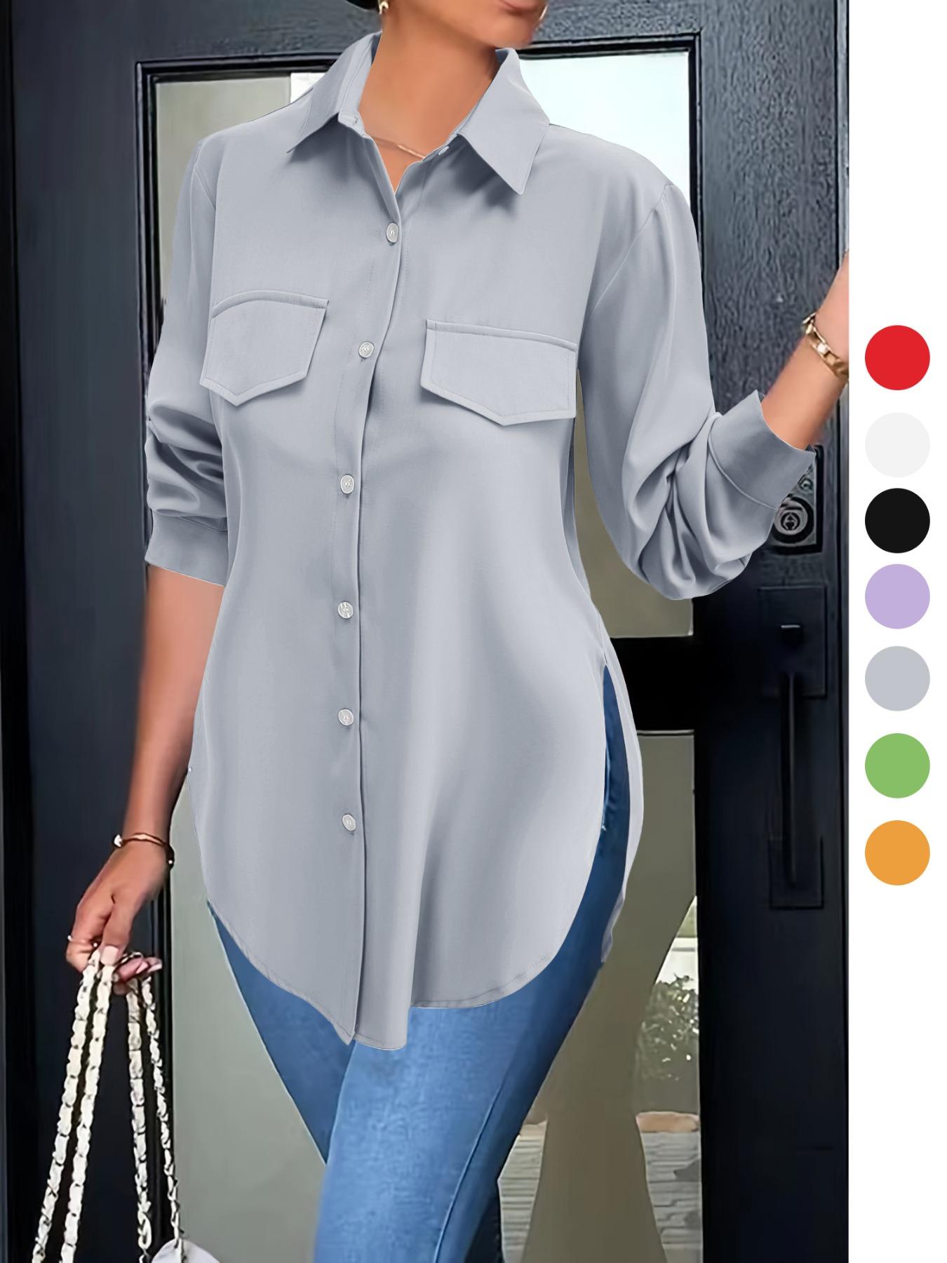 Women's Plain Button Front Split Hem Shirt Blouse, Casual Long Sleeve Collared Top for Spring & Fall, Summer Outfits 2024, Women's Clothing for Daily Wear