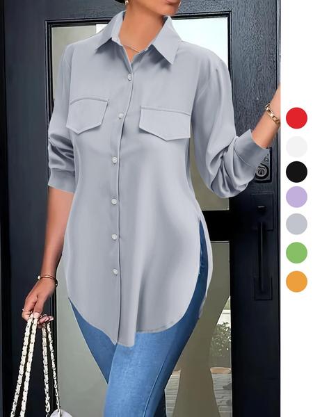 Women's Plain Button Front Split Hem Shirt Blouse, Casual Long Sleeve Collared Top for Spring & Fall, Summer Outfits 2024, Women's Clothing for Daily Wear