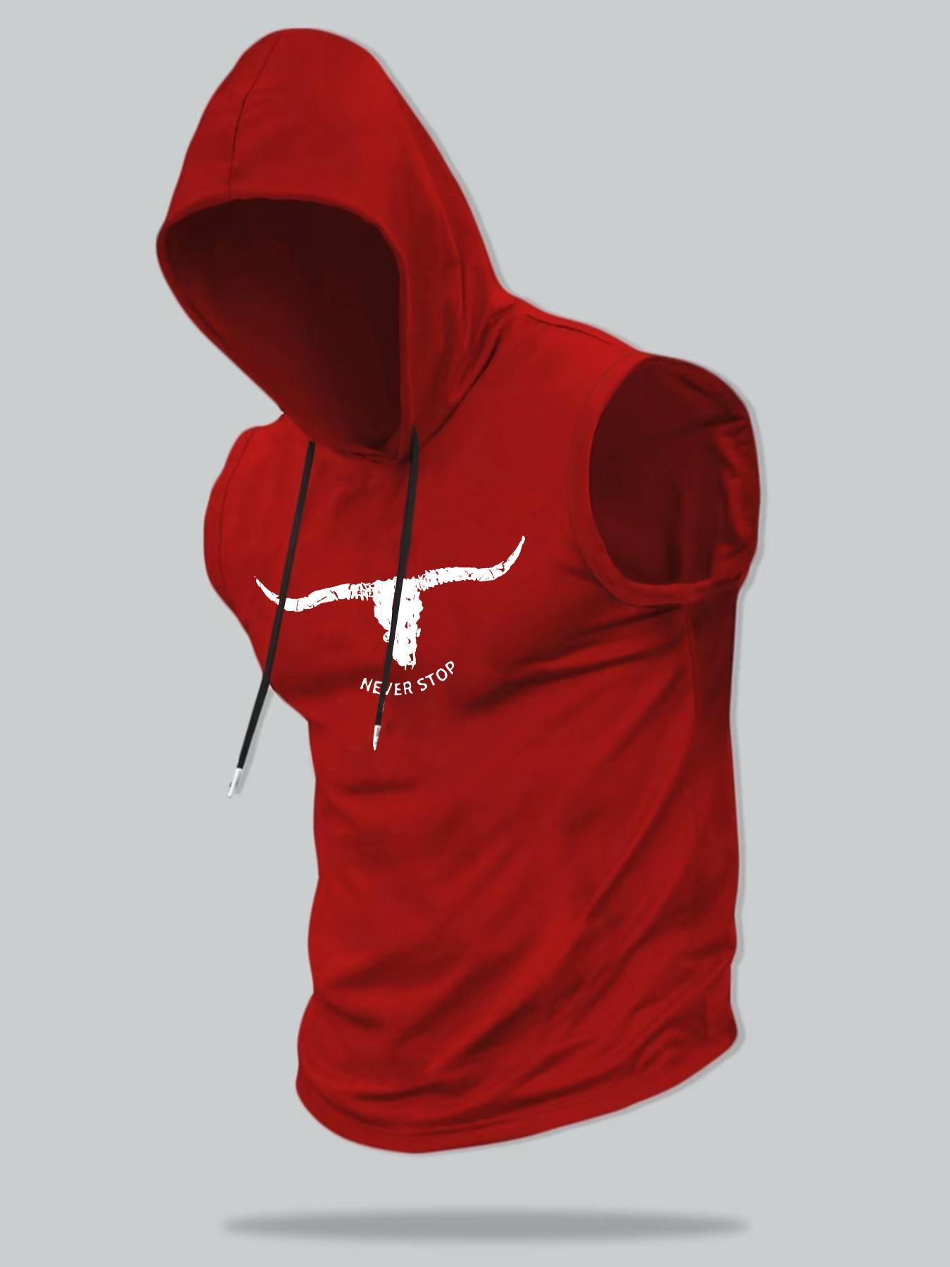 Men's Regular Fit Letter & Bull Head Print Hooded Tank Top, Casual Graphic Sleeveless Top for Summer, Fashion Men's Top for Daily Wear, Workout Tank Top