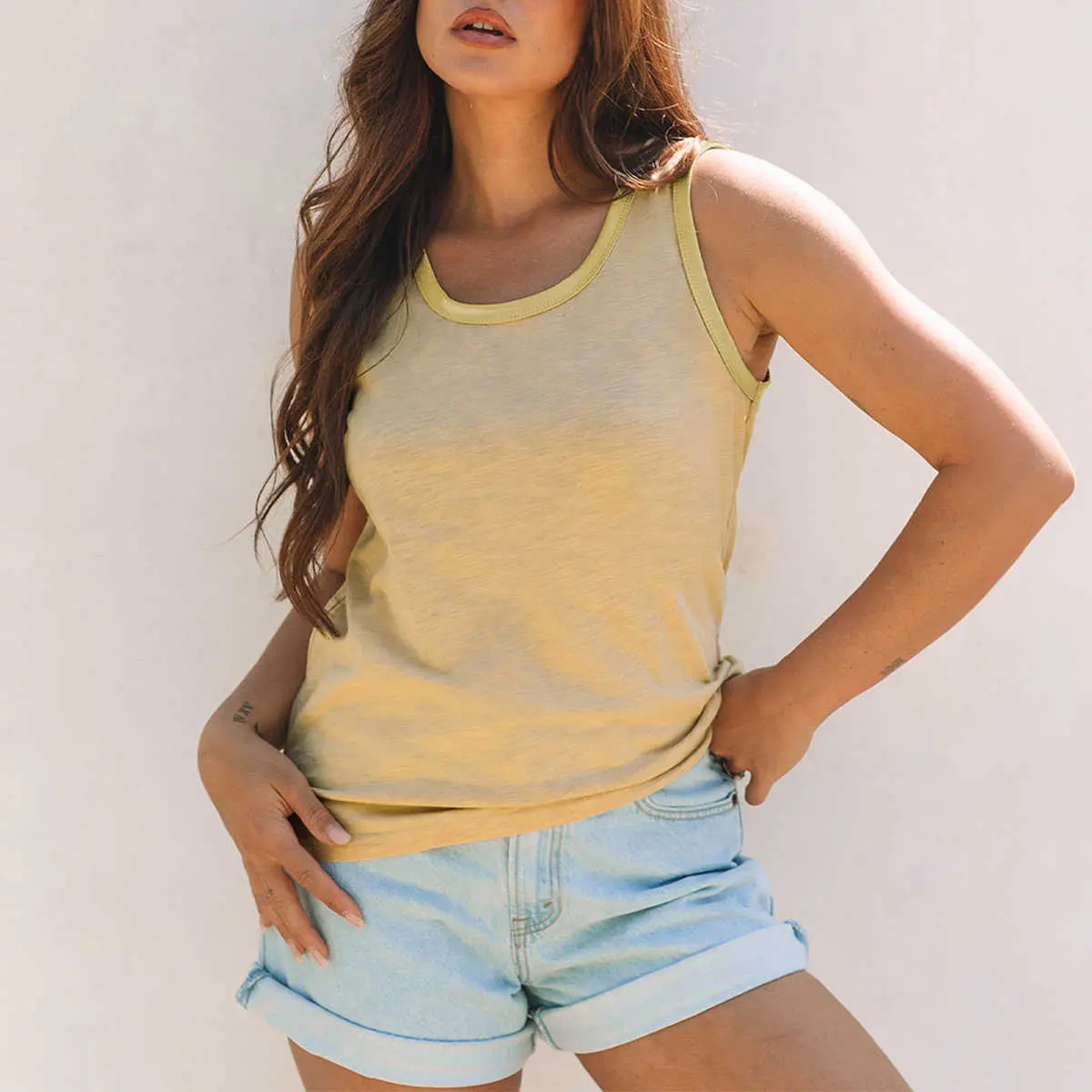 Tan Metallic Sheen Edge Scoop Neck Tank Top