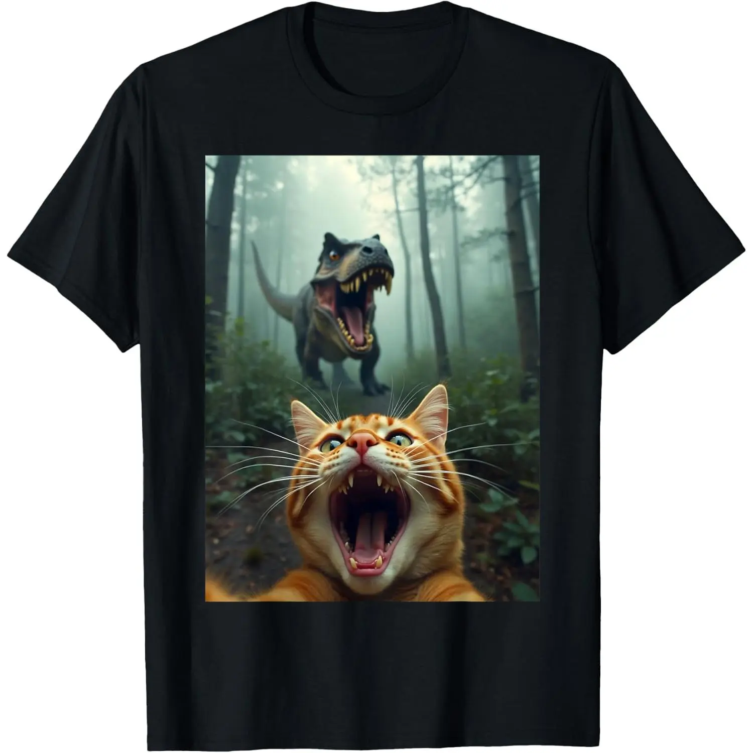 Cat Selfie with T-Rex Dinosaur T-Shirt