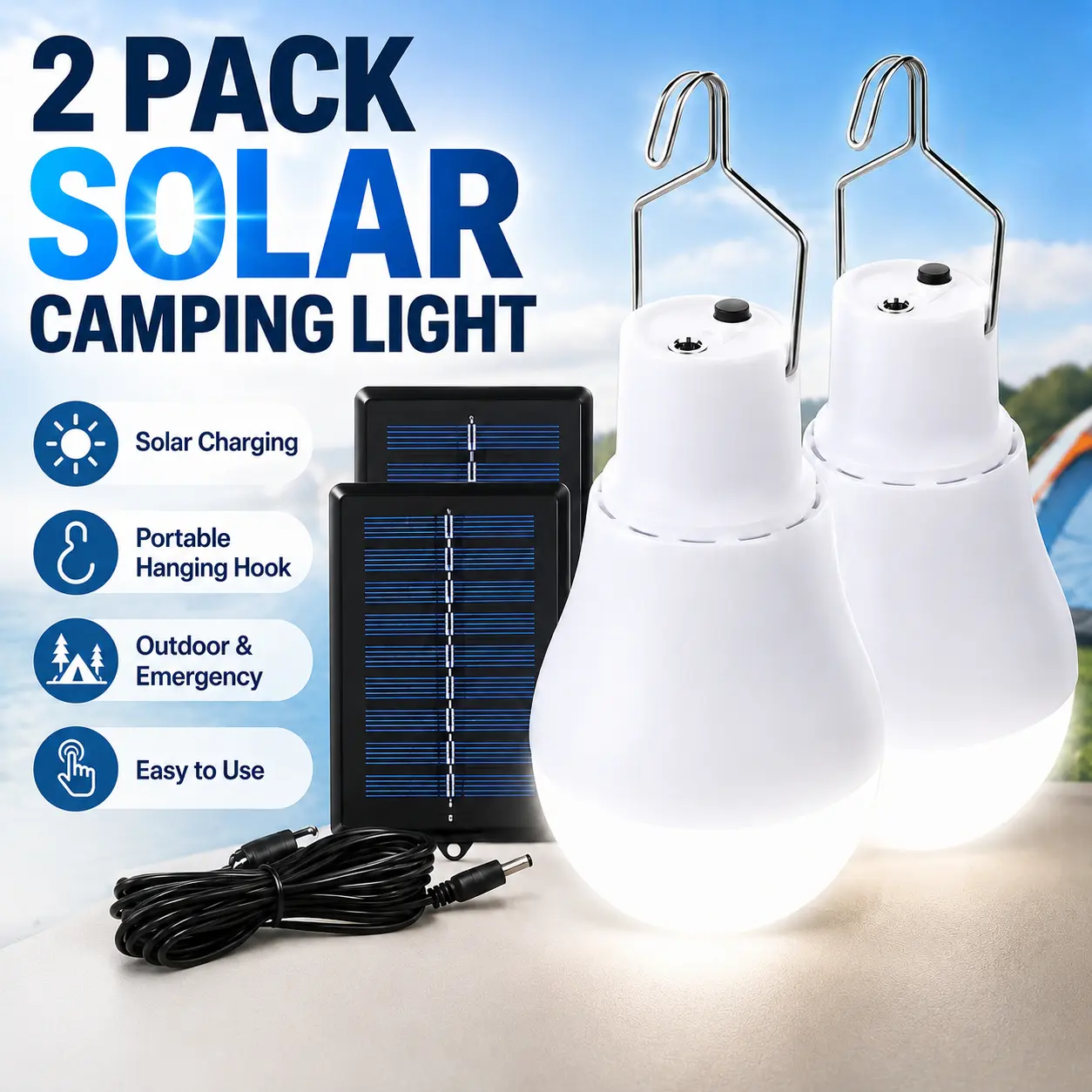 Solar-Powered Portable LED Emergency Light Bulb with Solar Panel, Rechargeable Lamp (2 Pack, Batteries & Cells Included) for Camp Tent, Home Emergency Use, Festive Decorations, Cooking Scenarios, Blackouts