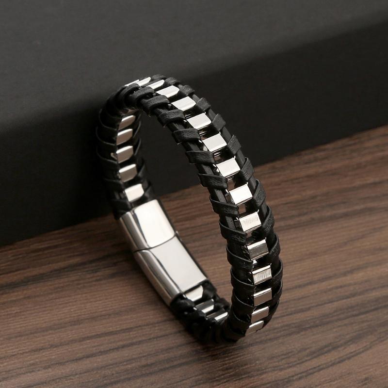 3 Color Men's Stainless Steel and Faux Leather Braided Bracelet, Perfect for Casual Looks, Fashionable Men's Gift