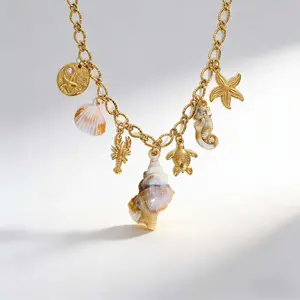 Vintage Ocean Style Stainless Steel Unisex Necklace, Beach Vacation Fashion Jewelry with Unique Simple Design Shell Conch Pendant
