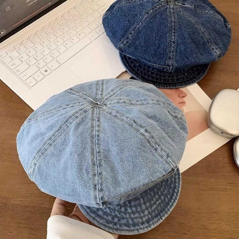 Fashion Vintage Washed Denim Beret Cloud Newsboy Octagonal Cap Visor Artist Peaked Hat Women