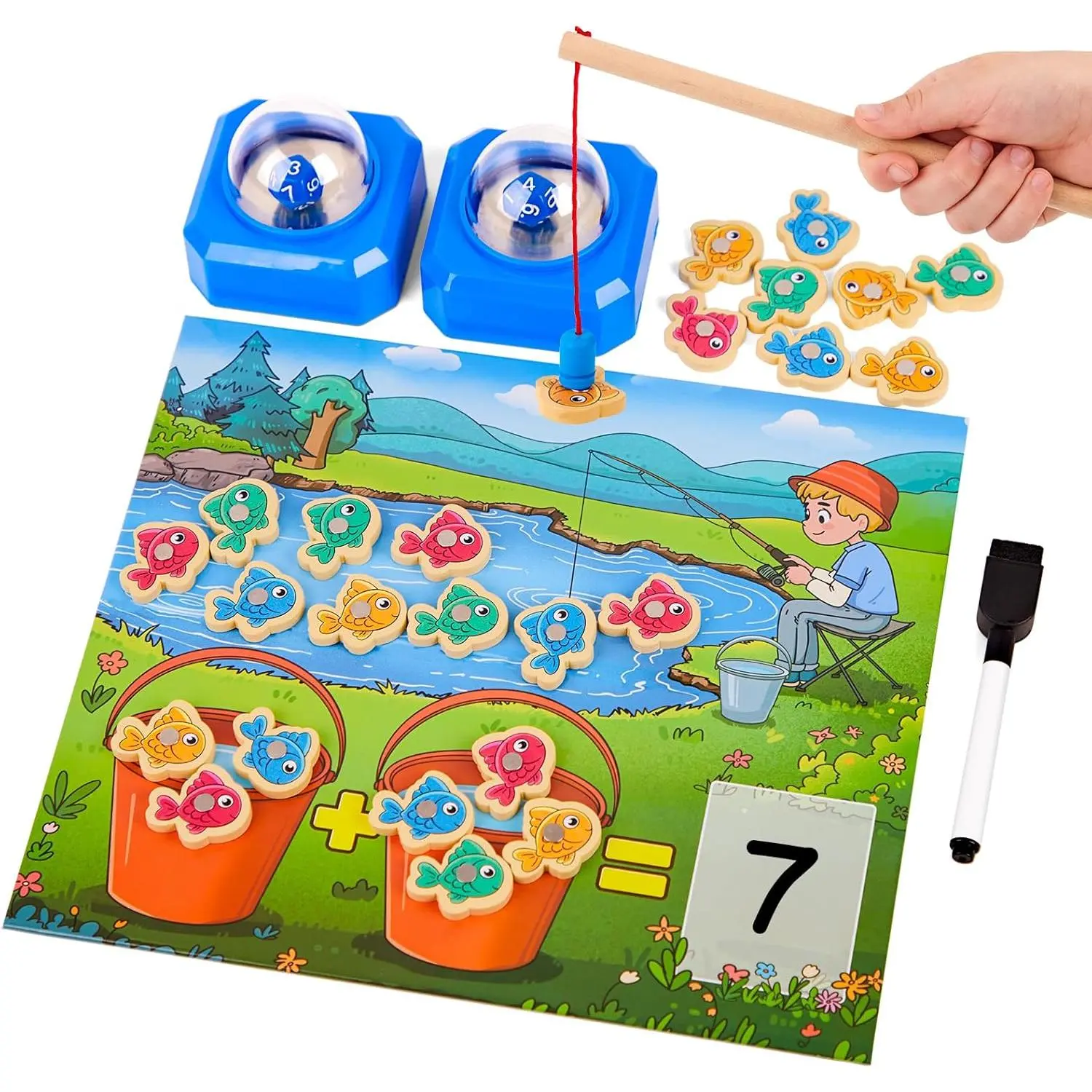Magnetic Fishing Math Game for Kids 3-5, Montessori Counting Toy with Dice Poppers, Preschool Math Manipulatives Board Game, Addition and Subtraction Dice Game for Homeschool Classroomfidget toys