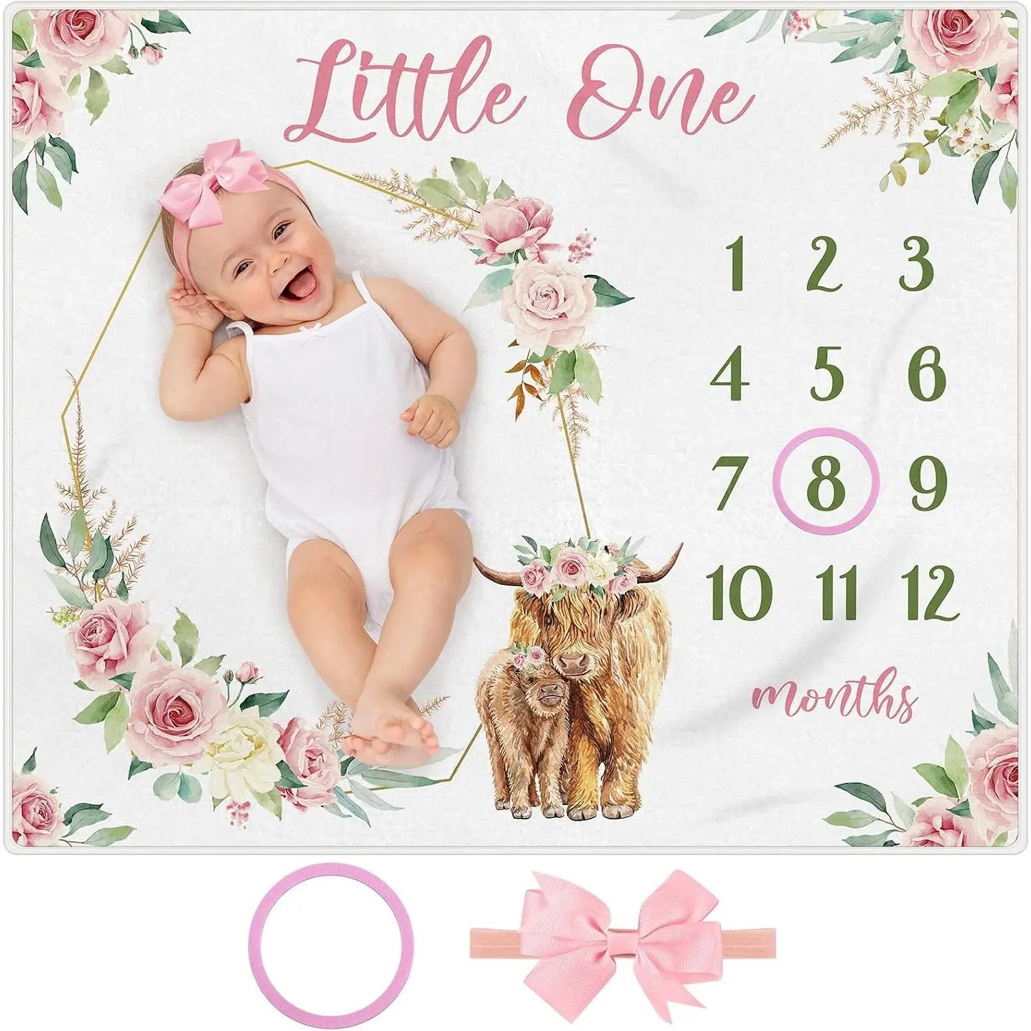3 Pcs Highland Cow Monthly Baby Milestone Blanket for Girls, 47" x 40" Soft Fleece Photography Background Newborn Growth Chart with Bow Headband and Felt Circle, Pink(Gift)