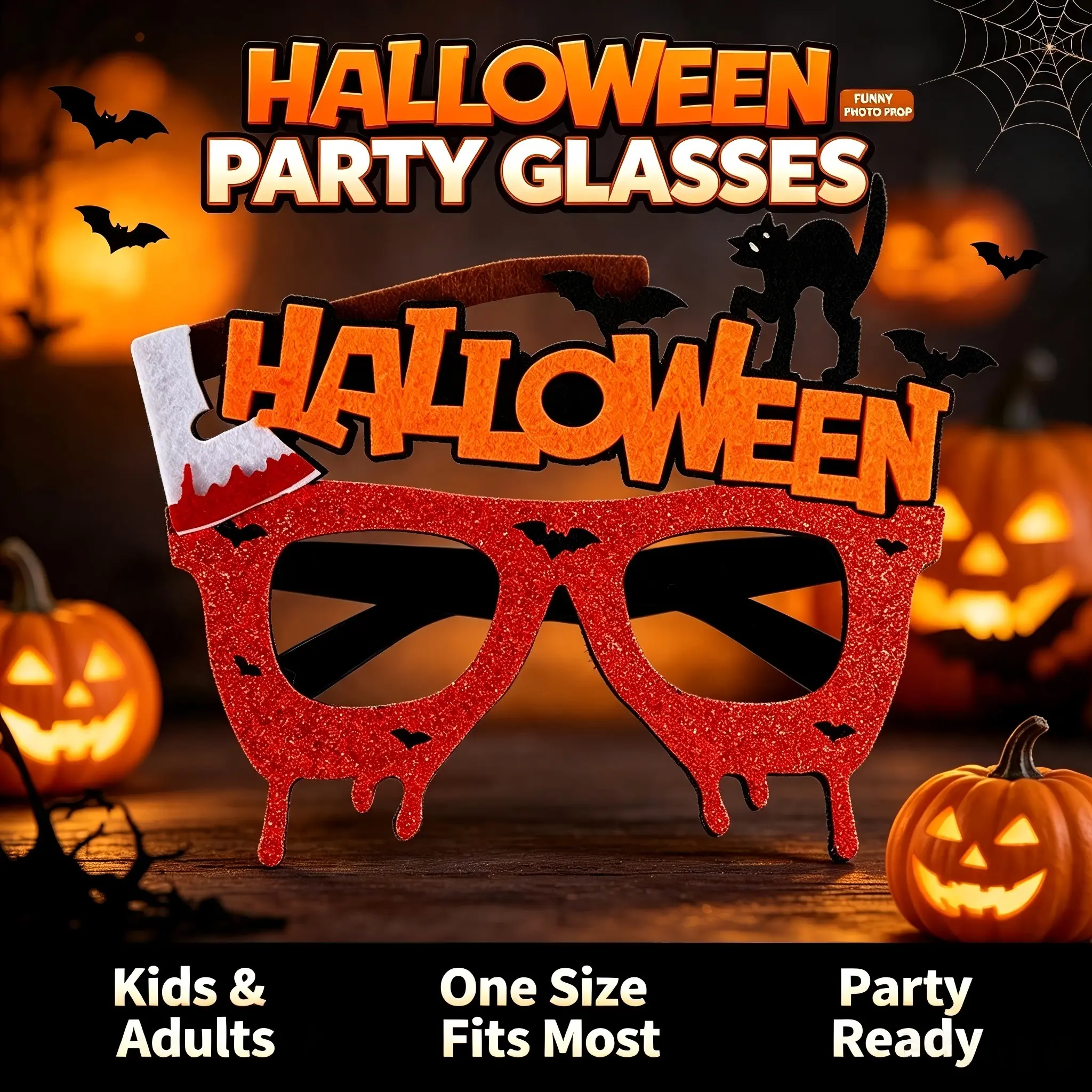 Funny Halloween Costume Glasses, Glitter Blood Drop Eye Mask with Halloween Letters, Cat and Bat Decorations, Lightweight Party Props for Kids and Adults