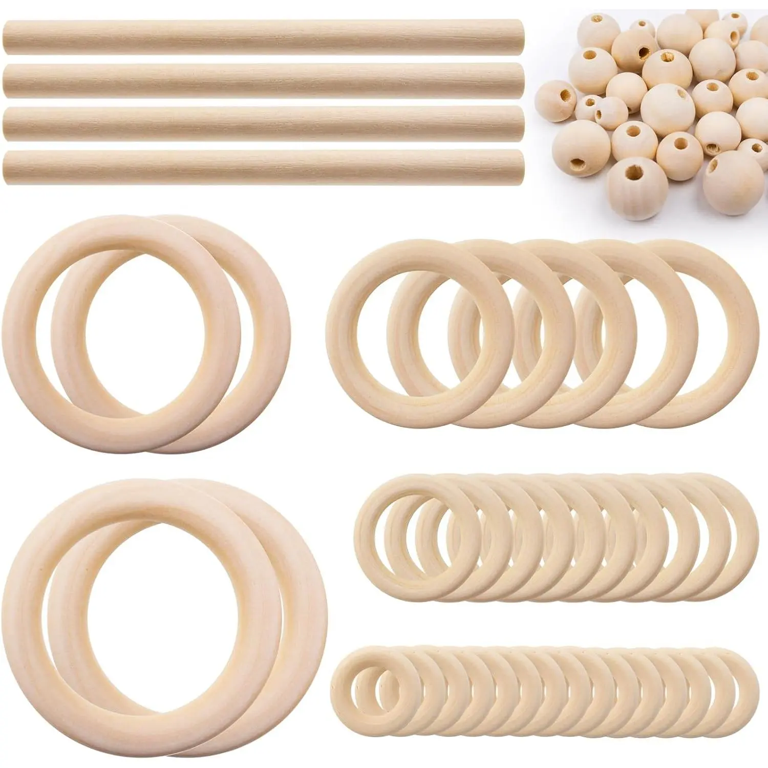 93 count Macrame Kit Includes 4 count Macrame Wooden Sticks 34 count Wooden Rings Circles 55 count  Beads Unfinished  Rings Beads Sticks for Macrame Wall  Craft DIY  Hangers Crafts Knitting