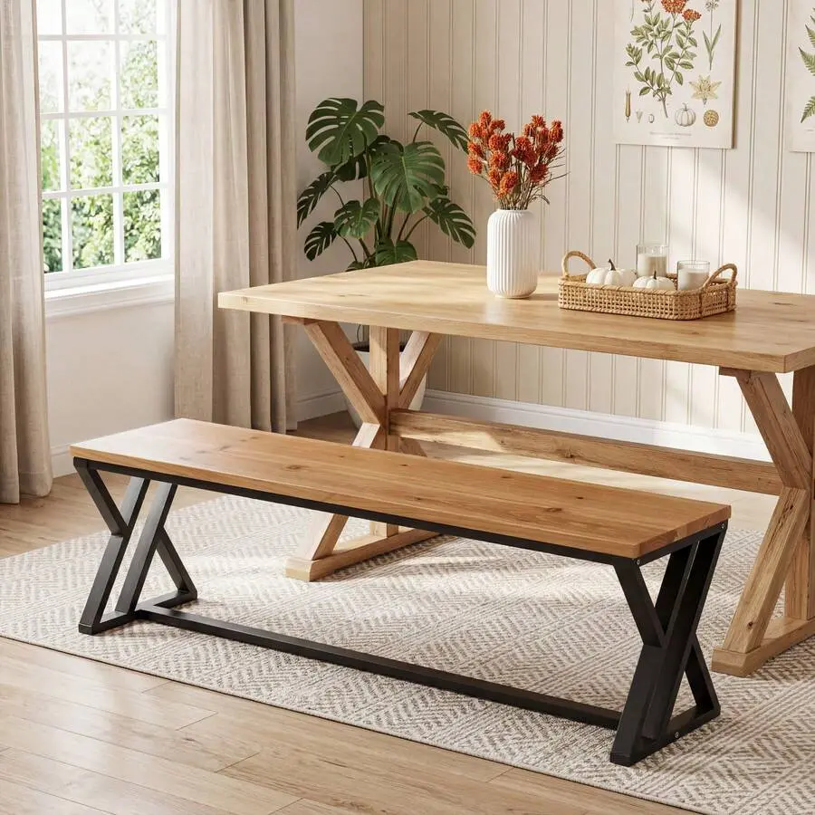 Solid Wood Dining Bench, 55" Industrial Dining Table Bench With Metal Legs, Easy To Assemble, For Kitchen, Dining Room,house,decor,