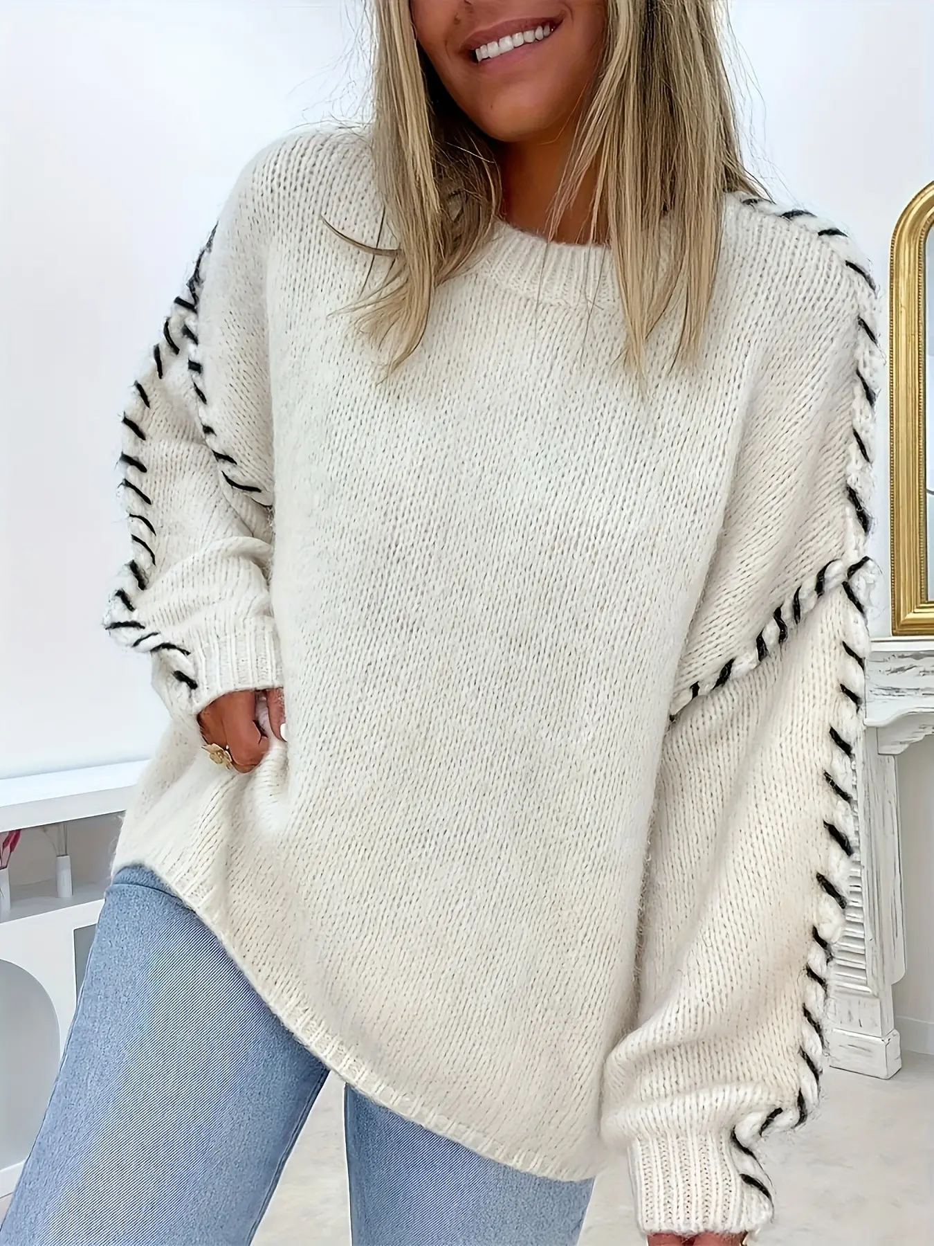 Women's Loose Round Neck Colorblock Knit Sweater, Fall Winter Lazy Style Drop Shoulder Sleeve, Casual Versatile Pullover Top