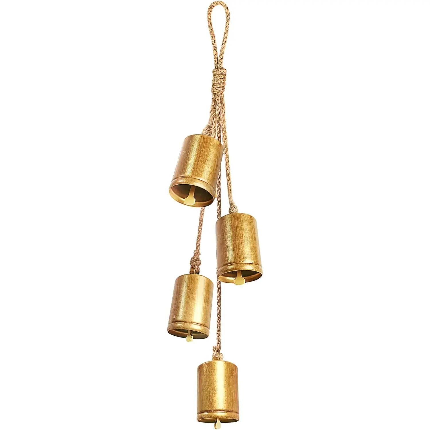 Vintage Rustic Handcrafted Brass Christmas Bells Set of 4, Hanging Gold Shabby Chic Cow Bells Ornaments on Rope for Wreath Indoor Party Home Decoration