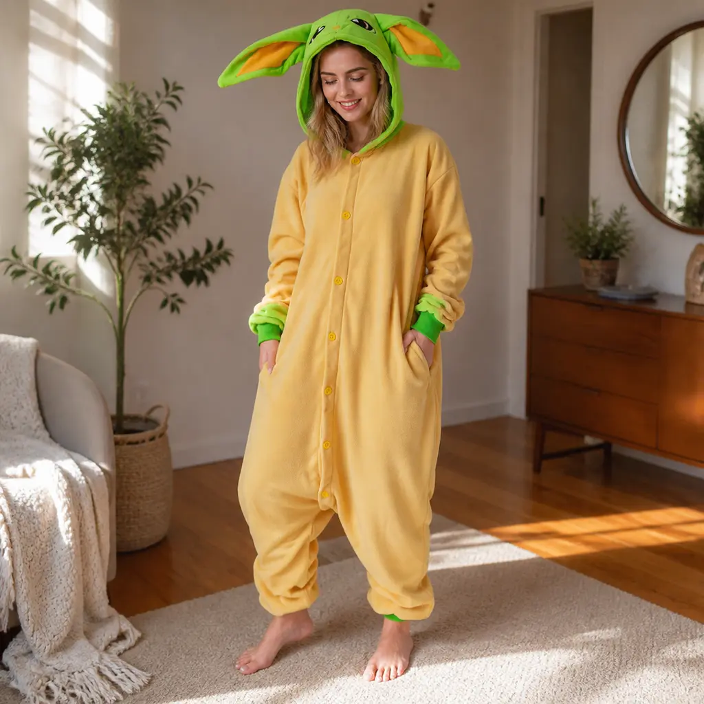 Green Alien Hooded Onesize Pajamas with Long Ears, Button Front Beige Cartoon Lounge Jumpsuit