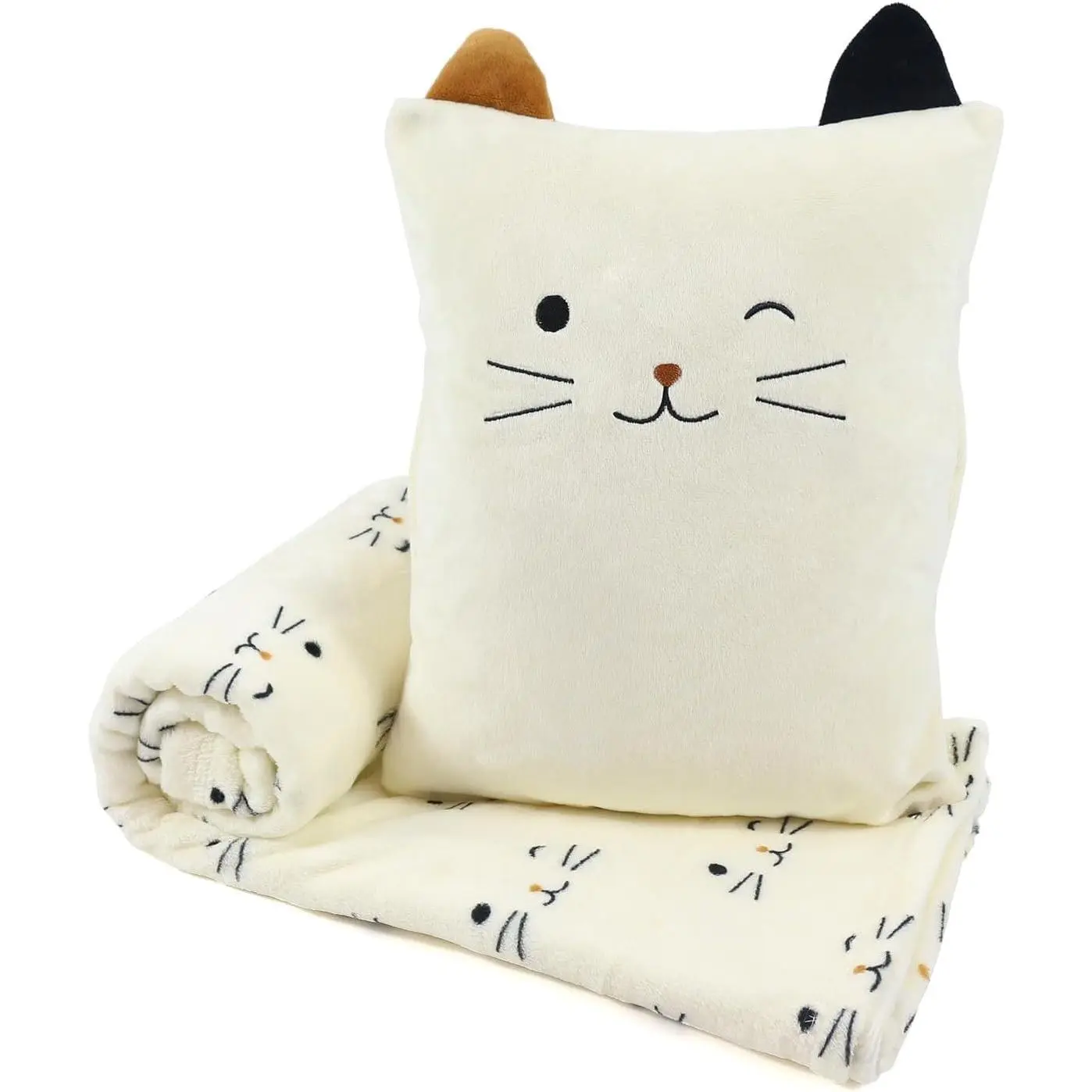 3-in-1 Cat Travel Blanket and Pillow Set for Kids, Soft Snuggle Pillow with Hand Warmer, 40x60 Inch Cute Cat Blanket, Compact for Travel, Camping, Home and Office
