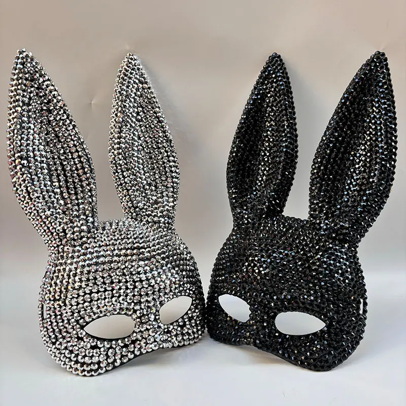 Sparkling Rhinestone Bunny Mask for Women, Lightweight Plastic Half Face Accessory for Halloween & Carnival Costume Parties, Cute