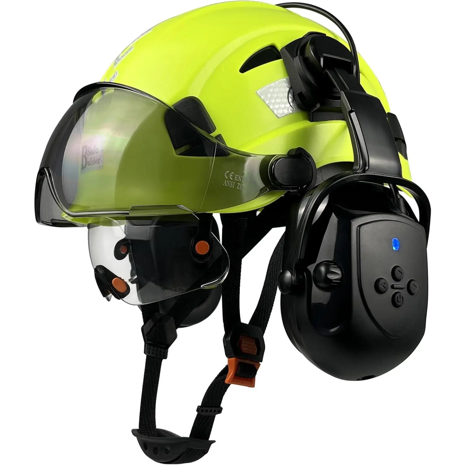 Ventilated Hard Hat with Integrated Bluetooth Ear Muffs and Dual Visors, an Adjustable 6-Point Helmet with Hearing Protection for Outdoor Work, Secure, Shooting