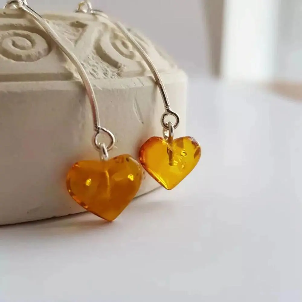 HAOHUPO Natural Heart Amber Earrings for Women 925 Silver Cognac Amber Gemstone Earrings for Mother Day Gift Earrings Wholesale