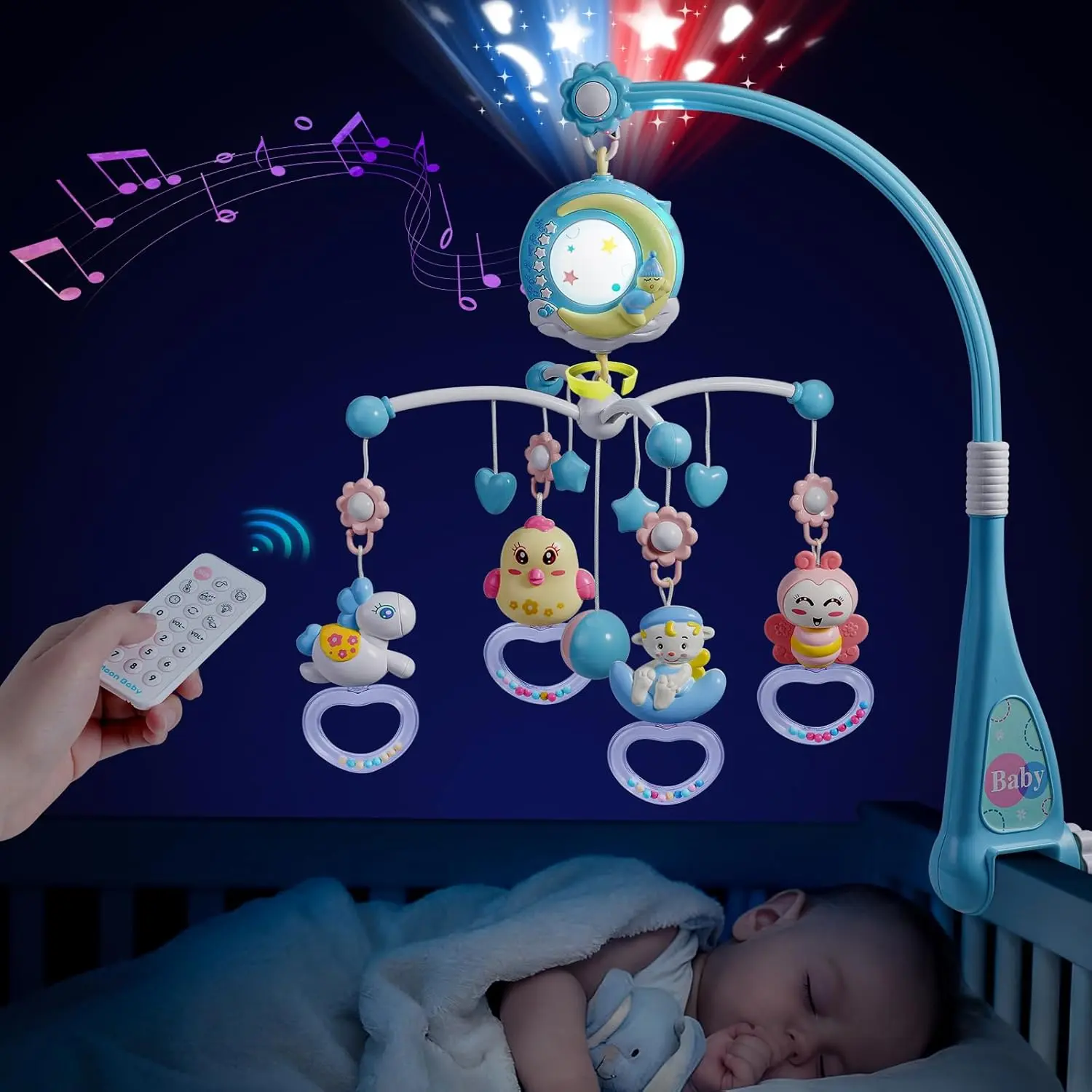 Mini Tudou Baby Musical Mobile Crib with Music and Lights, Timing Function, Projection, Take-Along Rattle and Music Box  Babies Boy Girl Toddler Sleep