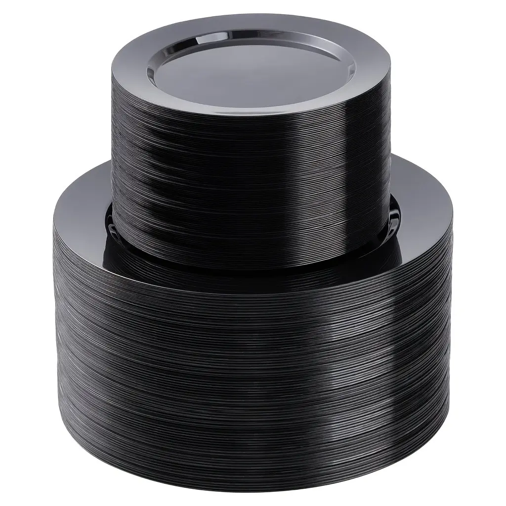 200PCS Black Plastic Plates - Heavy Duty Black Disposable Plates for Halloween Party/Wedding - Include 100PCS 10.25inch Black Dinner Plates And 100PCS 7.5inch Black Dessert/Salad Plates, Idea for Party