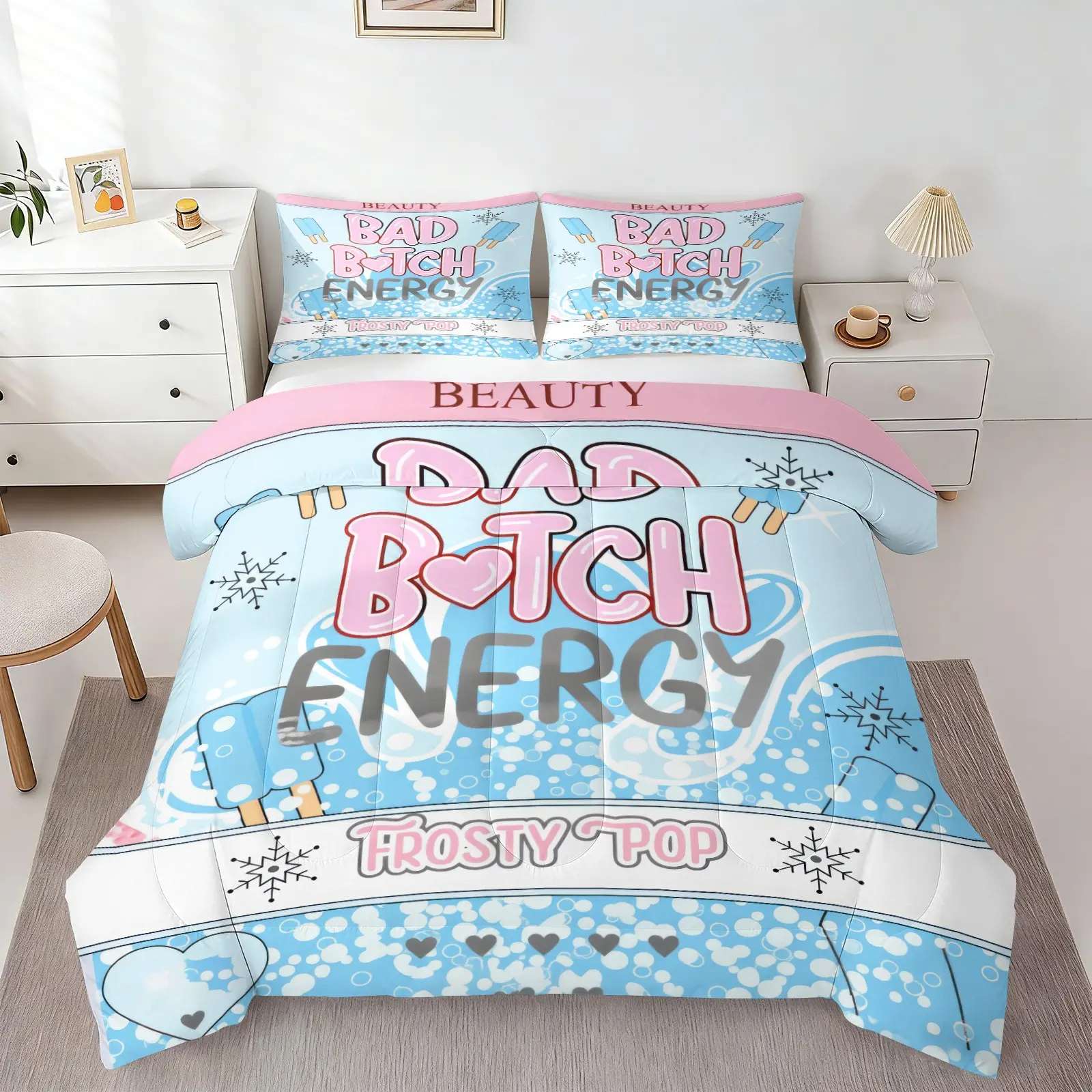 Blue Pink Bad Bitch Energy Comforter Set, Frosty Pop Ice Cream Snowflake Cute Label Print, 1 Comforter + 1-2 Pillowcases, Soft Microfiber Washable Bedding, Y2K Girly Aesthetic All Season Bedroom Quilt Set