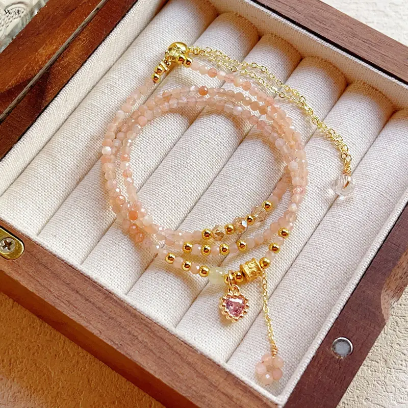 Dainty 3 Strand Natural Gradient Peach Sunstone Tiny Beaded Bracelet for Women, Gold Frame Heart Pink Crystal Charm, Adjustable Extension Chain, Soft Warm Girly Stackable Crystal Jewelry Gift