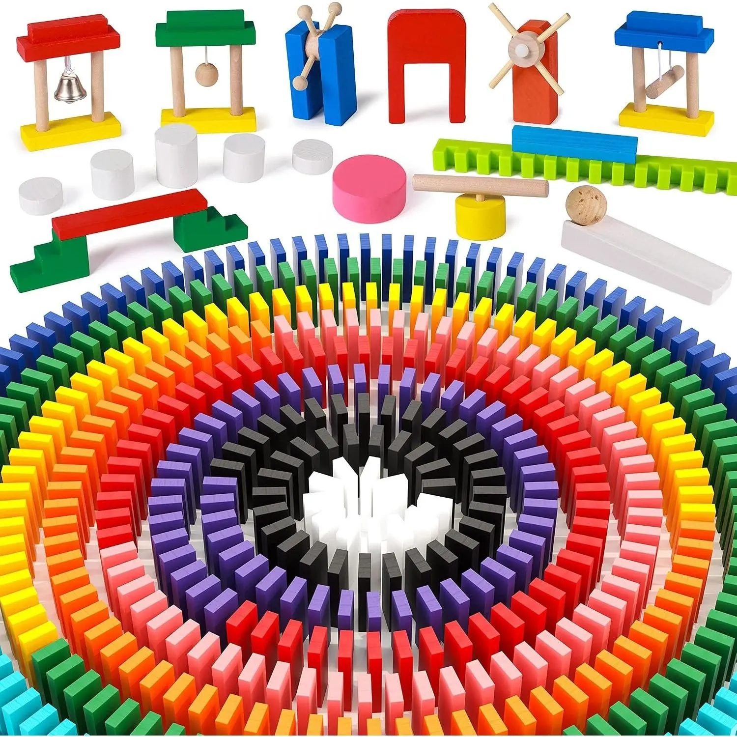 1000 PCS Dominoes Set for Kids Wooden Building Blocks Bulk Dominoes Racing Tile Games with Extra 11 Add-on Blocks and Storage Bag