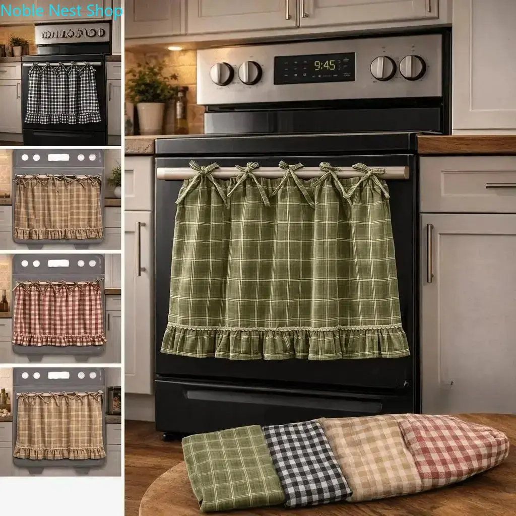 Farmhouse Rustic Cabinet Skirt, Soft Textile Ruffle Curtain with Grid Texture, Country Charm Decor for Kitchen Stove