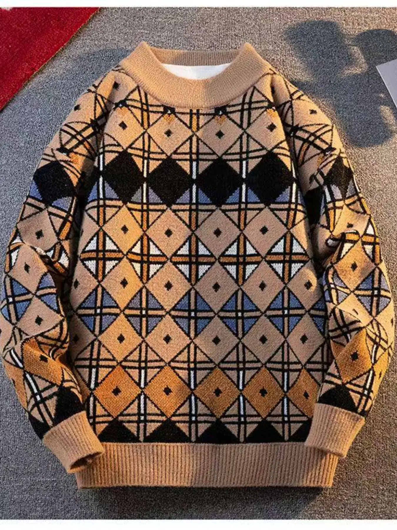 Men's Vintage Houndstooth Round Neck Knit Sweater, Geometric Jacquard Long Sleeve Top, Thick Warm Soft Knitwear for Fall Winter, Casual Street Style