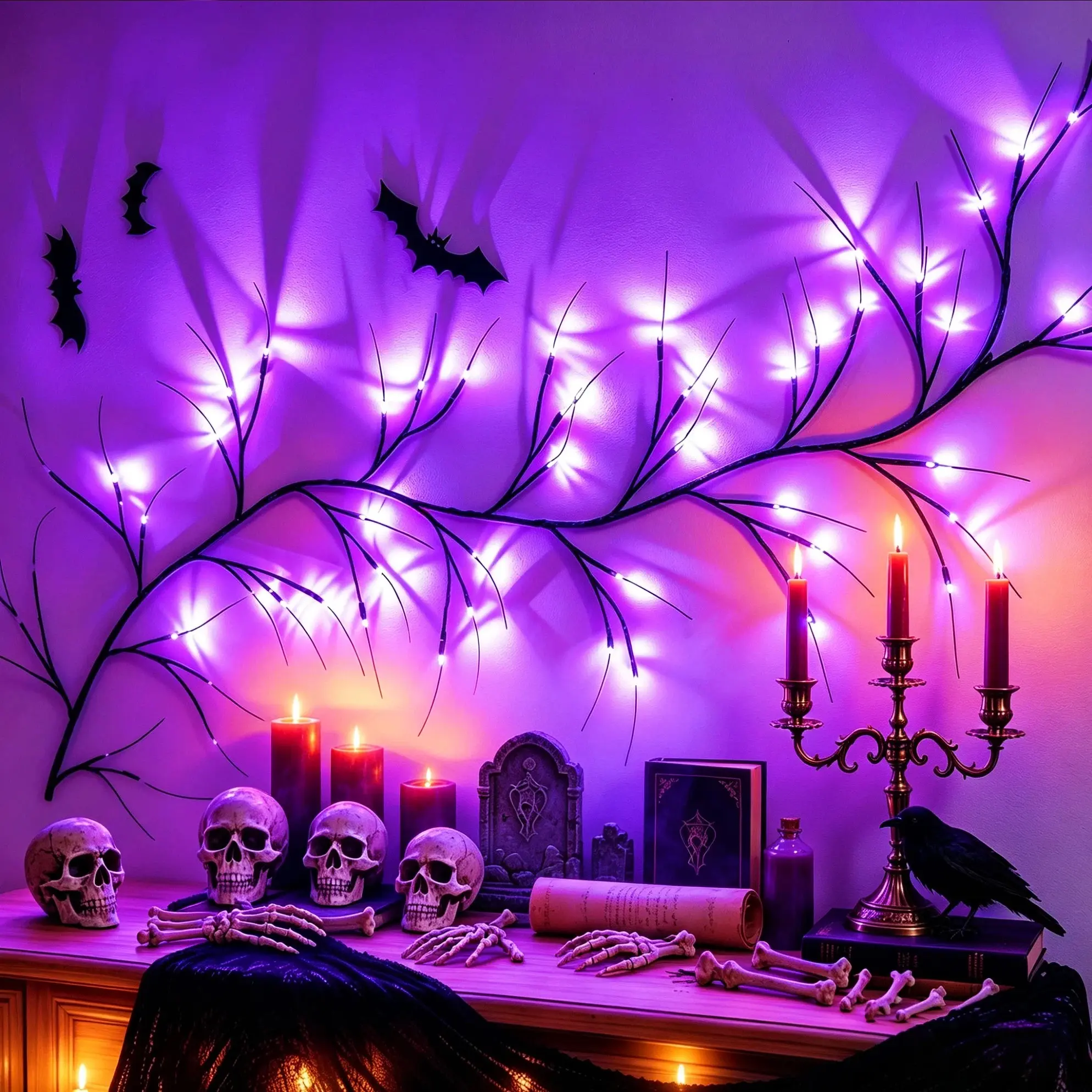 Halloween 54 LED Purple Bendable Branch Wall Lights, 1.8M/70.87in USB Powered Decor Lamp with 8 Lighting Modes, DIY Spooky Shapes Indoor Ambient Light for Window Fireplace Home Gaming Room Halloween Party Horror Decor