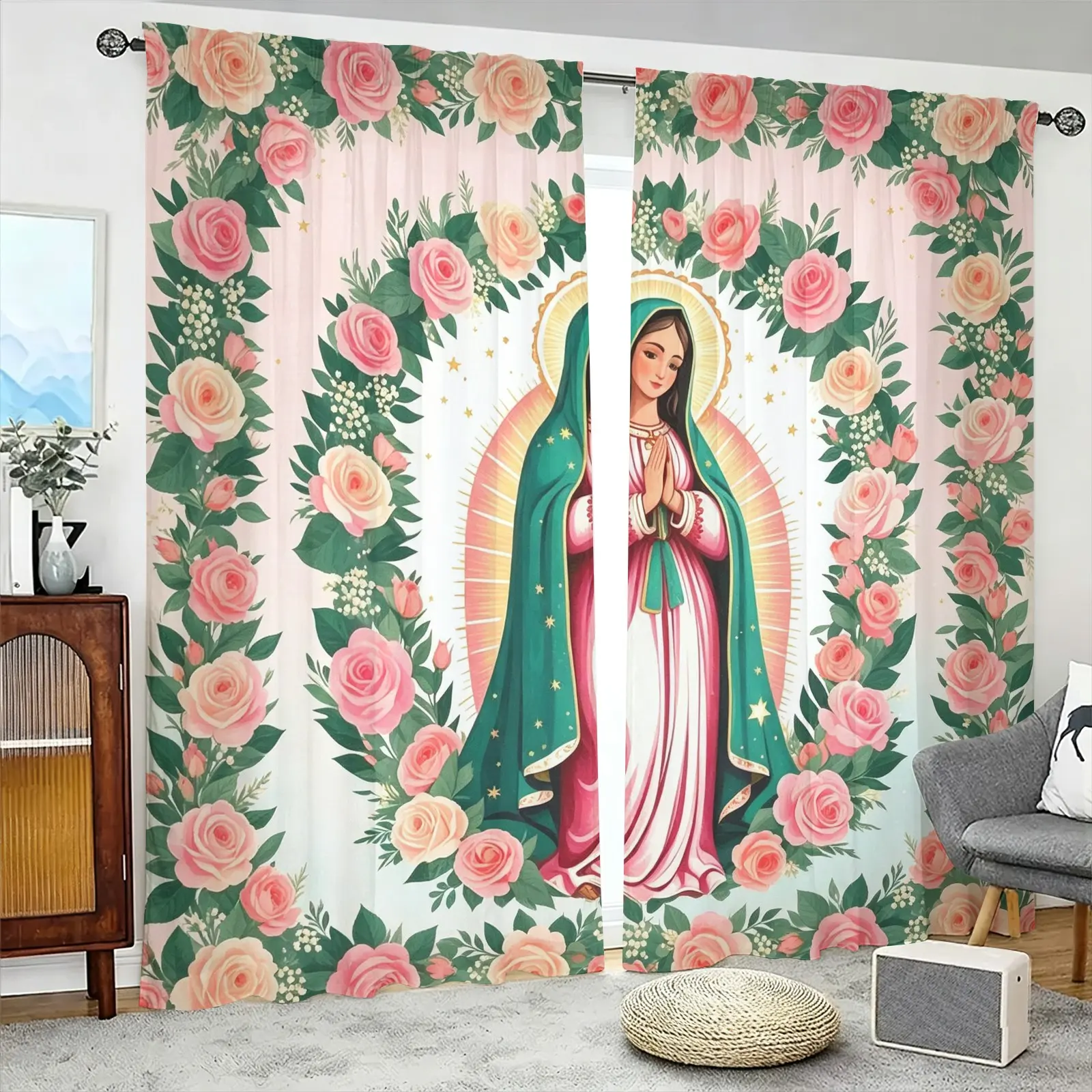 2Pcs Rod Pocket Print Blackout Window Curtains, Guadalupe Virgin Pink Rose Religious Style Drapes No Drilling Installation, Noise Reduction Easy Care, Latin American Style Bedroom/Prayer Room home Decor