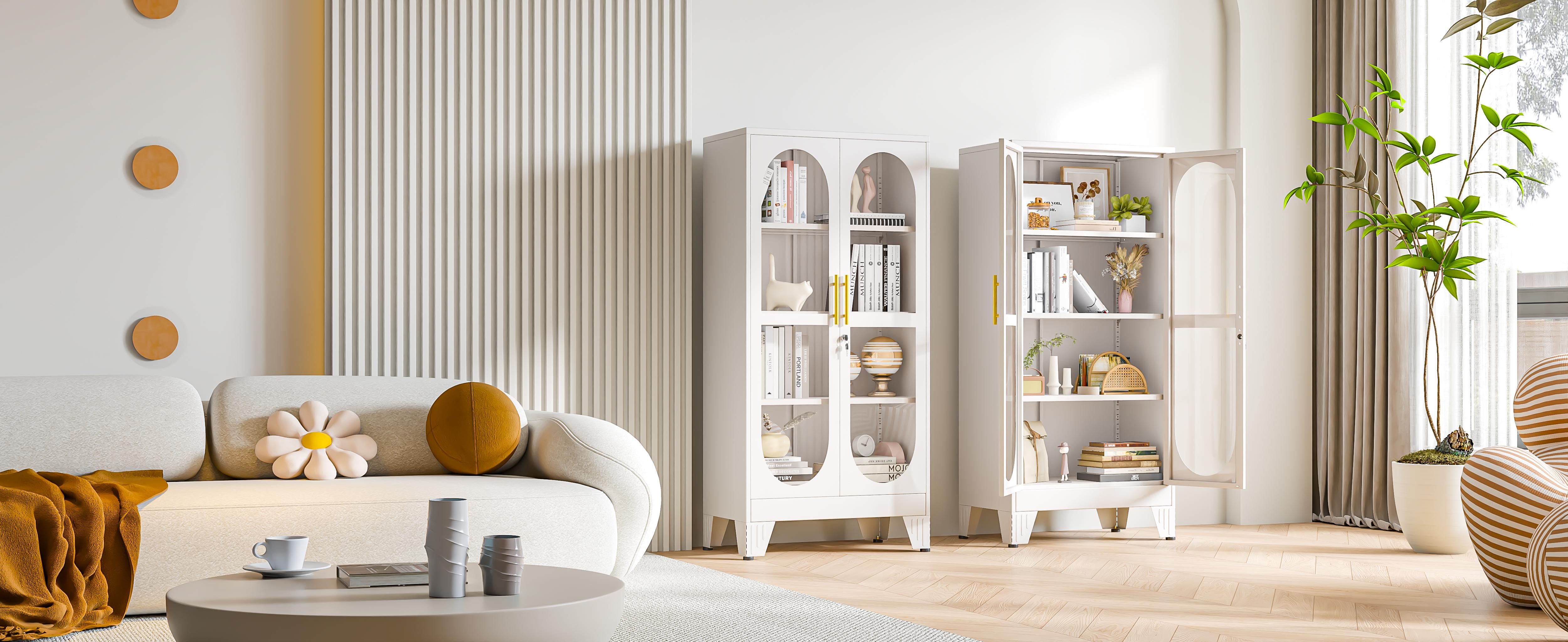 61"  71"  75" Tall Display Cabinet with Glass Door, 5 Tier Metal Curio Cabinet with 4 Adjustable Shelves, Locking Glass Display Case for Collectibles, Showcase Storage Cabinets for Showroom Clinic, White