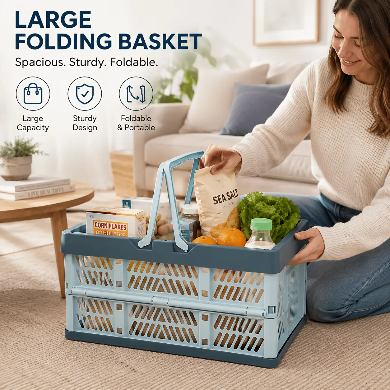 Large Foldable Storage Basket with Handles, Collapsible Shopping Basket for Grocery, Home Organization, Car Trunk Storage, Camping & Outdoor Picnic