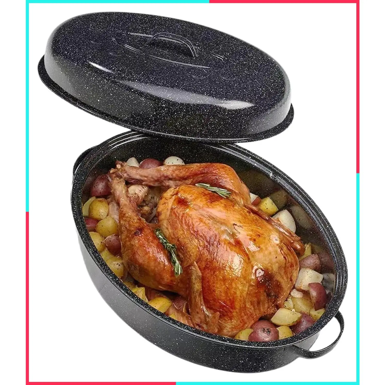 18 Inch Oval Enamel Carbon Steel Roasting Pan with Lid, 18 Pound Large Capacity Broiler Pan for Turkey Chicken Bread, High Temperature Resistant Roaster Pot