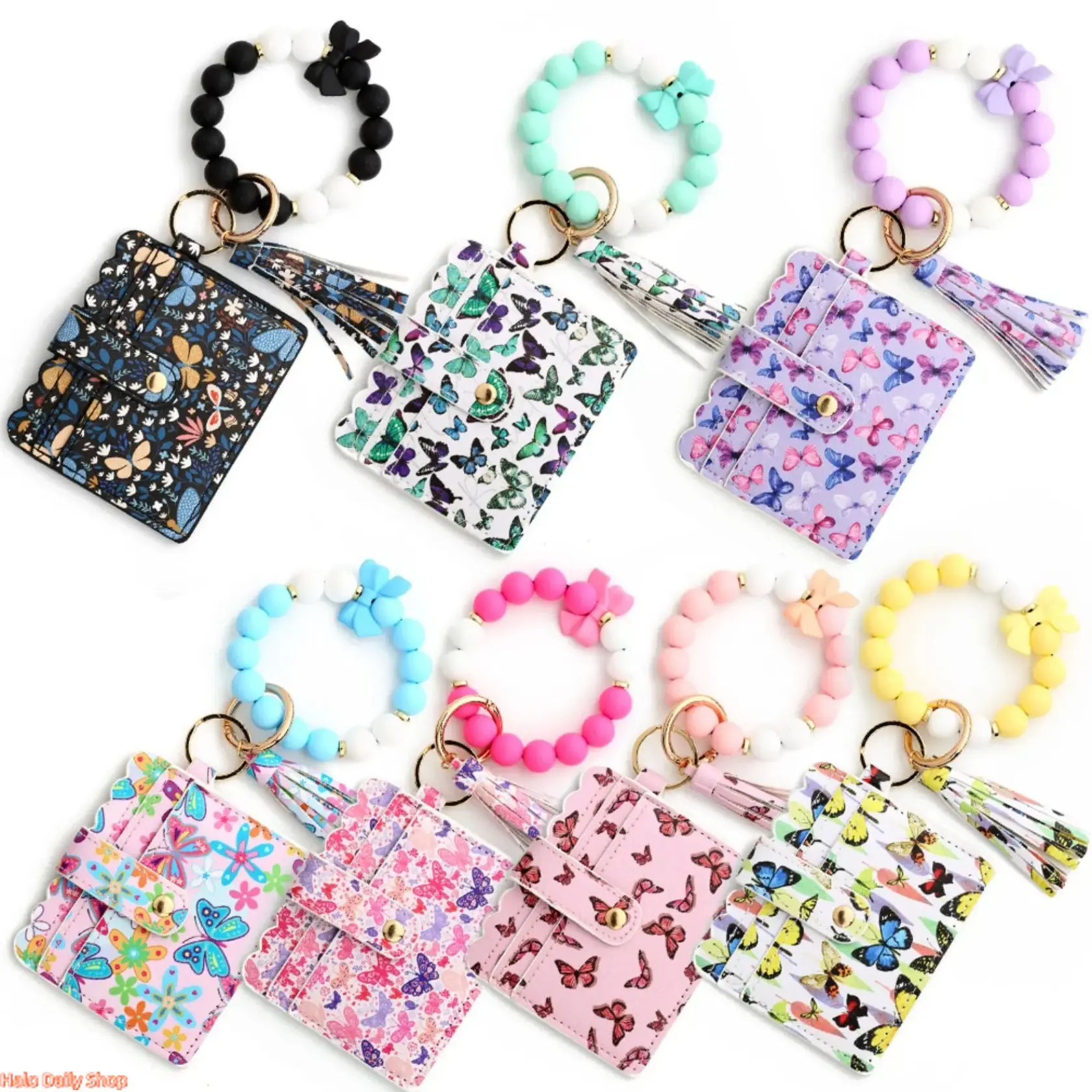 Women's Silicone Beaded Strap PU Leather Wristlet Keychain Wallet - Casual & Fashionable Card Holder, ID Credit Card Organizer with Pink Flower Print, Casual Card Holder