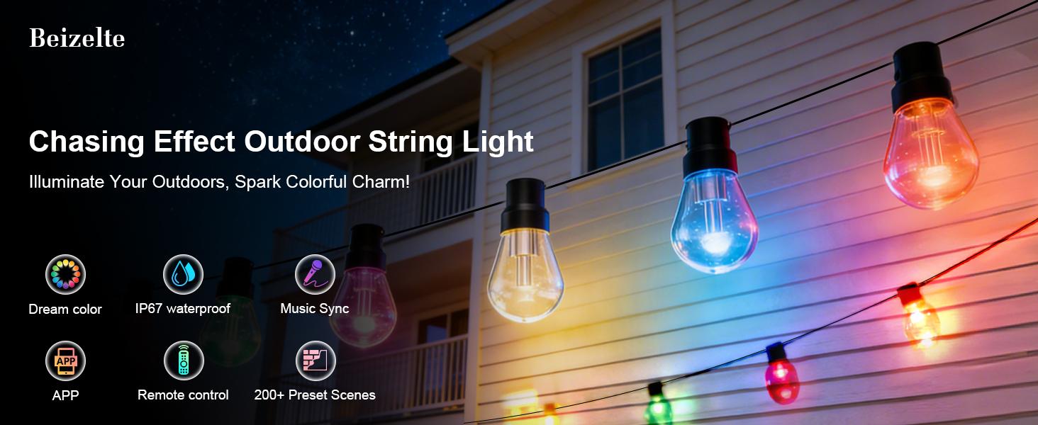 Rcuical  RGB+IC  Outdoor String Lights Bulbs IP67 Waterproof LED Color Changing Smart App Hanging Shatterproof Light with Remote Controller for Outside, Patio, Backyard, Garden, Party