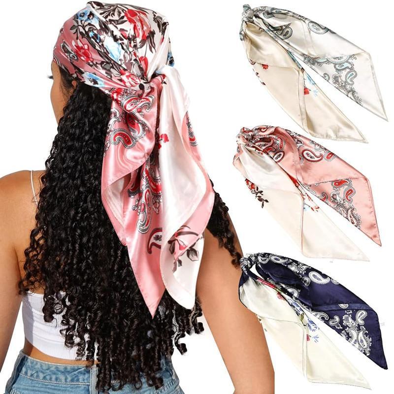 AWAYTR 3Pcs/set 35'' Large Printed Head Scarf  Silk Like Texture Square Neck Scarves for Women Hair Kerchief Bandanas Scarf Sleeping Head Wraps Hair Band Headscarf Hair Accessories