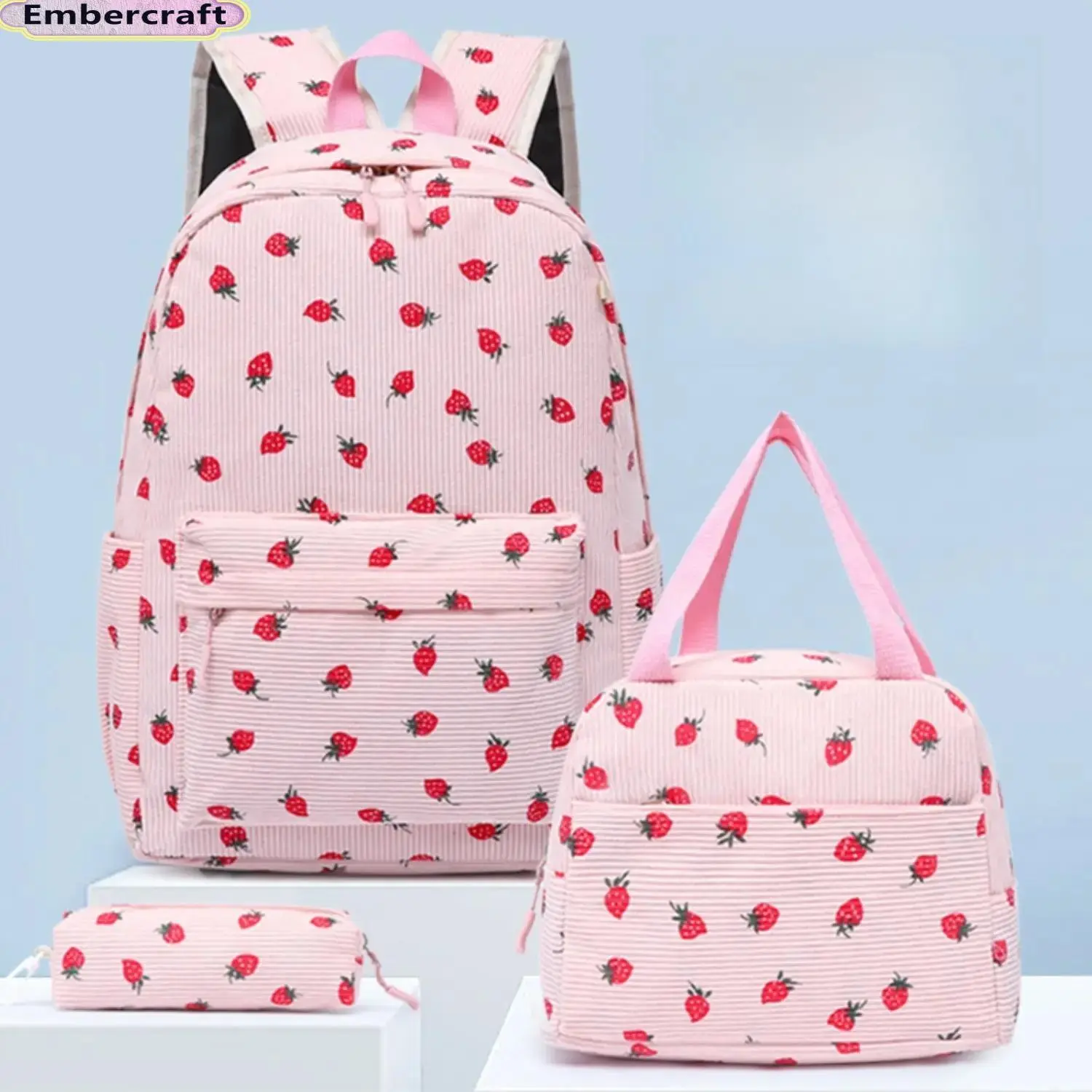 Kids' Cute Aesthetic Corduroy 3-in-1 Backpack Set - Spacious Bookbag with Matching Lunchbox & Pencil Pouch, Back to School Shopping Supplies for Everyday Adventures