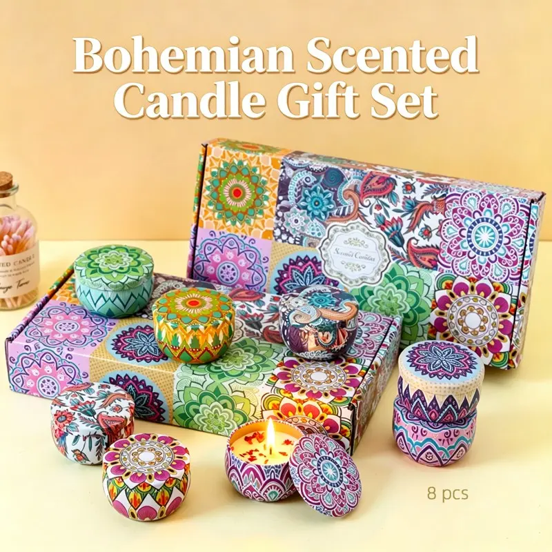 8 PCS Bohemian Scented Candle Gift Set, Colorful Boho Mandala Pattern Scented Candles Gift Set, Soy Wax Aromatherapy Candles for Home Decor & Gifting, Birthday, Thanksgiving, Mother's Day, Christmas
