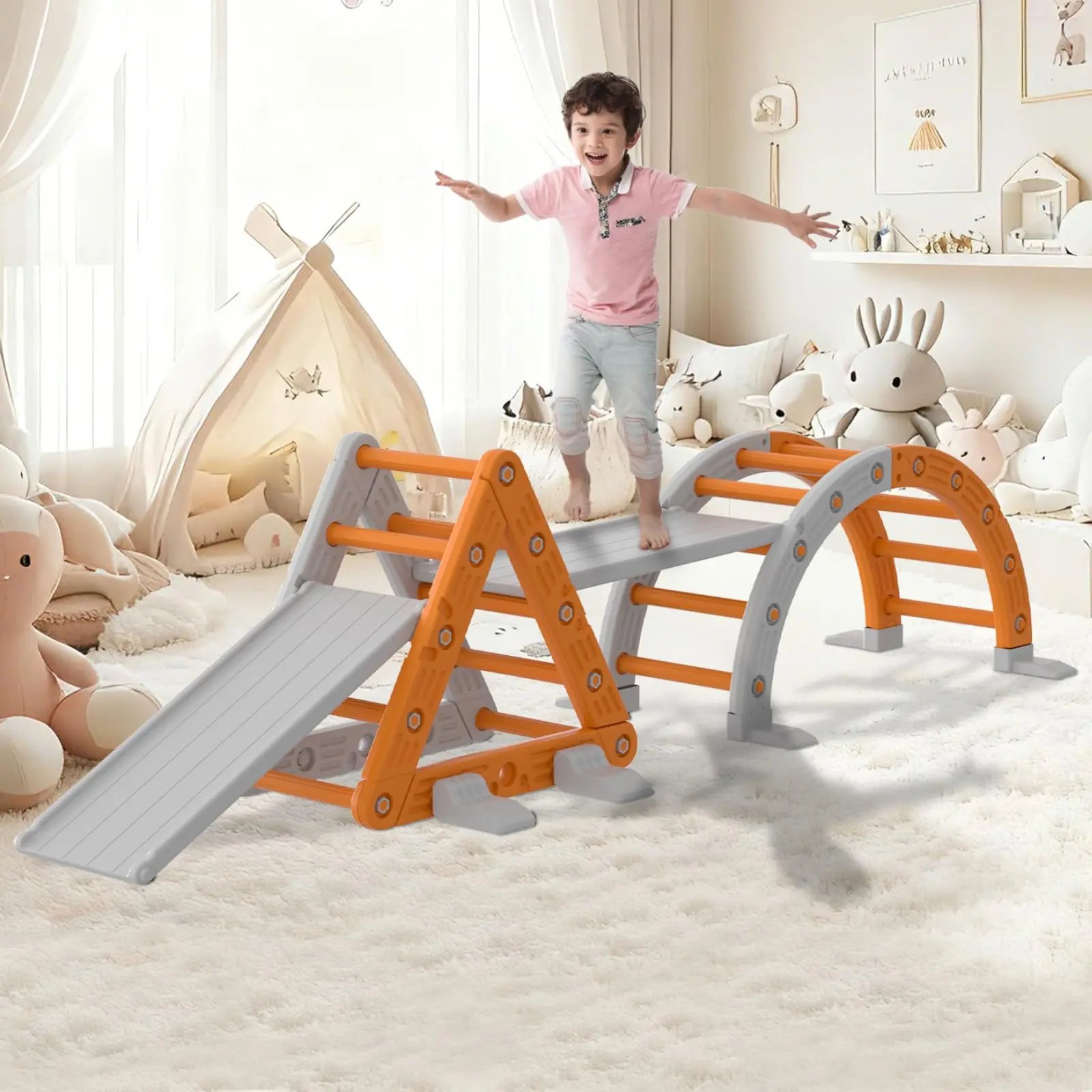 GARVEE 5-in-1 Indoor Toddler Jungle Gym, Safe Foldable Climber with Slide & Ramp, Energy-Burning Playground Toy for Kids 1-6
