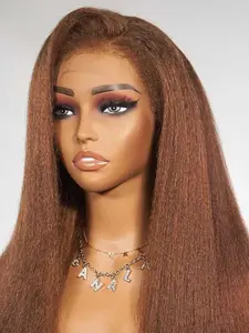 Soft Brown Long 30 Inch 180 Density Natural Yaki Kinky Straight Front Lace Wig, Synthetic Glueless Pre-Plucked Heat Resistant Daily Wear Wig, Long Straight Wigs